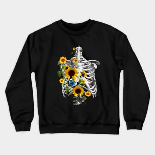 Botanical human skeleton art, Rib cage and flowers, sunflowers and butterflies ribcage Crewneck Sweatshirt